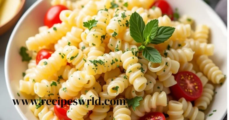 Creamy pasta salad made with penne pasta, cherry tomatoes, fresh basil, and mayonnaise, served on a white plate.