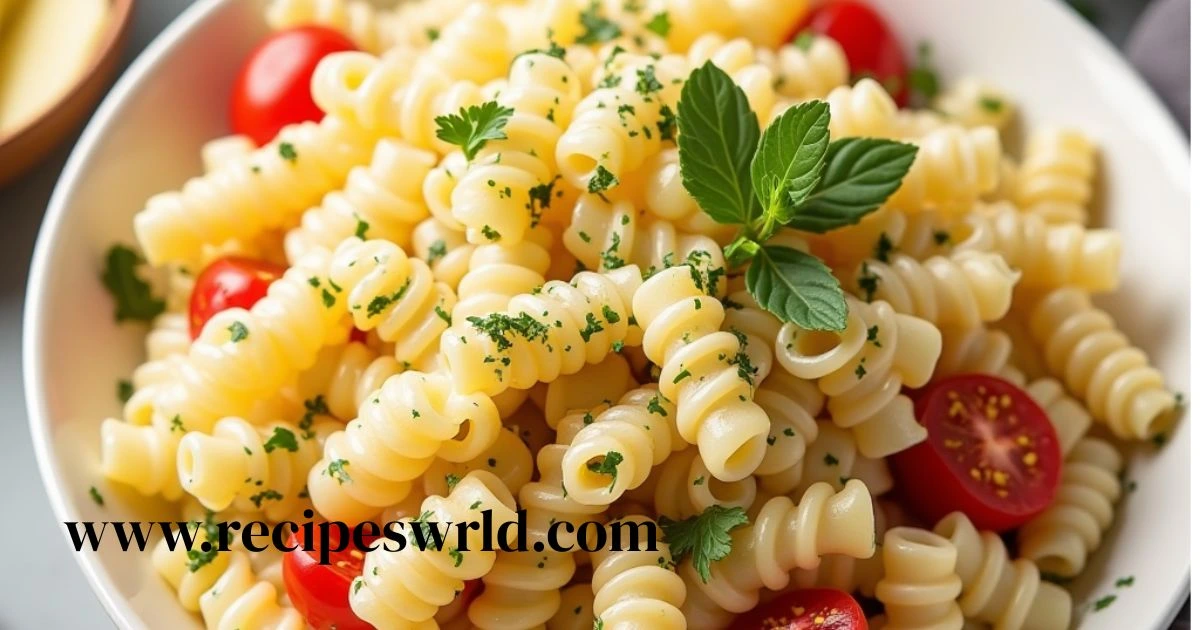 Creamy pasta salad made with penne pasta, cherry tomatoes, fresh basil, and mayonnaise, served on a white plate.